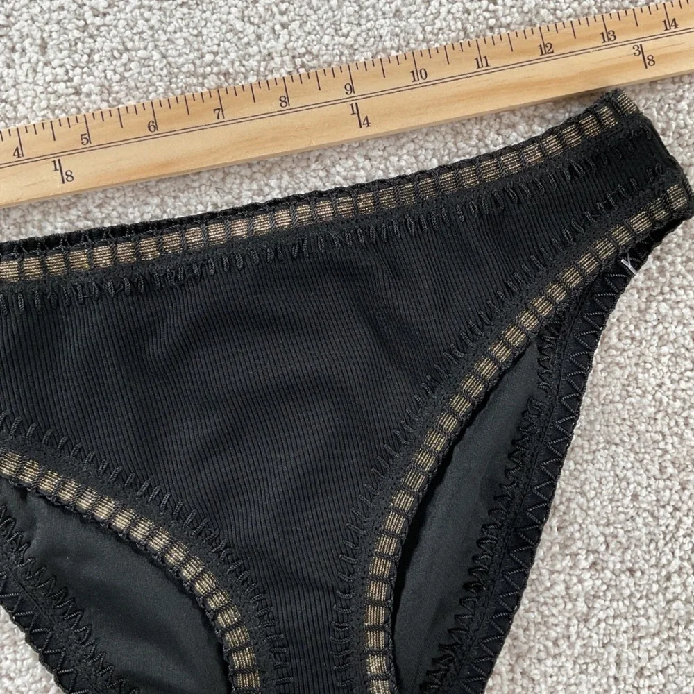 PQ Swim Platinum Black Gold Crochet Scoop Bikini Bottom Ribbed Women's Small NEW